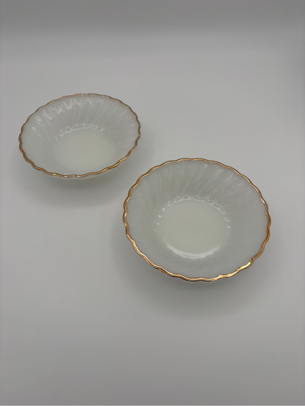 Anchor Hocking Milk Glass Bowls with Gold Trim and Scalloped Edges Set of 2